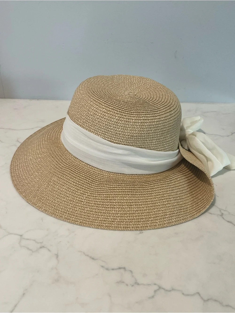 Nine West Beige Straw Sun Hat with White Bow Band